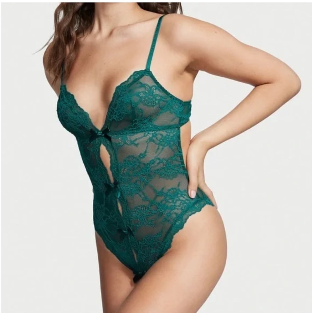 Victorias Secret Green Lace Bow Crotchless Teddy | Size XS